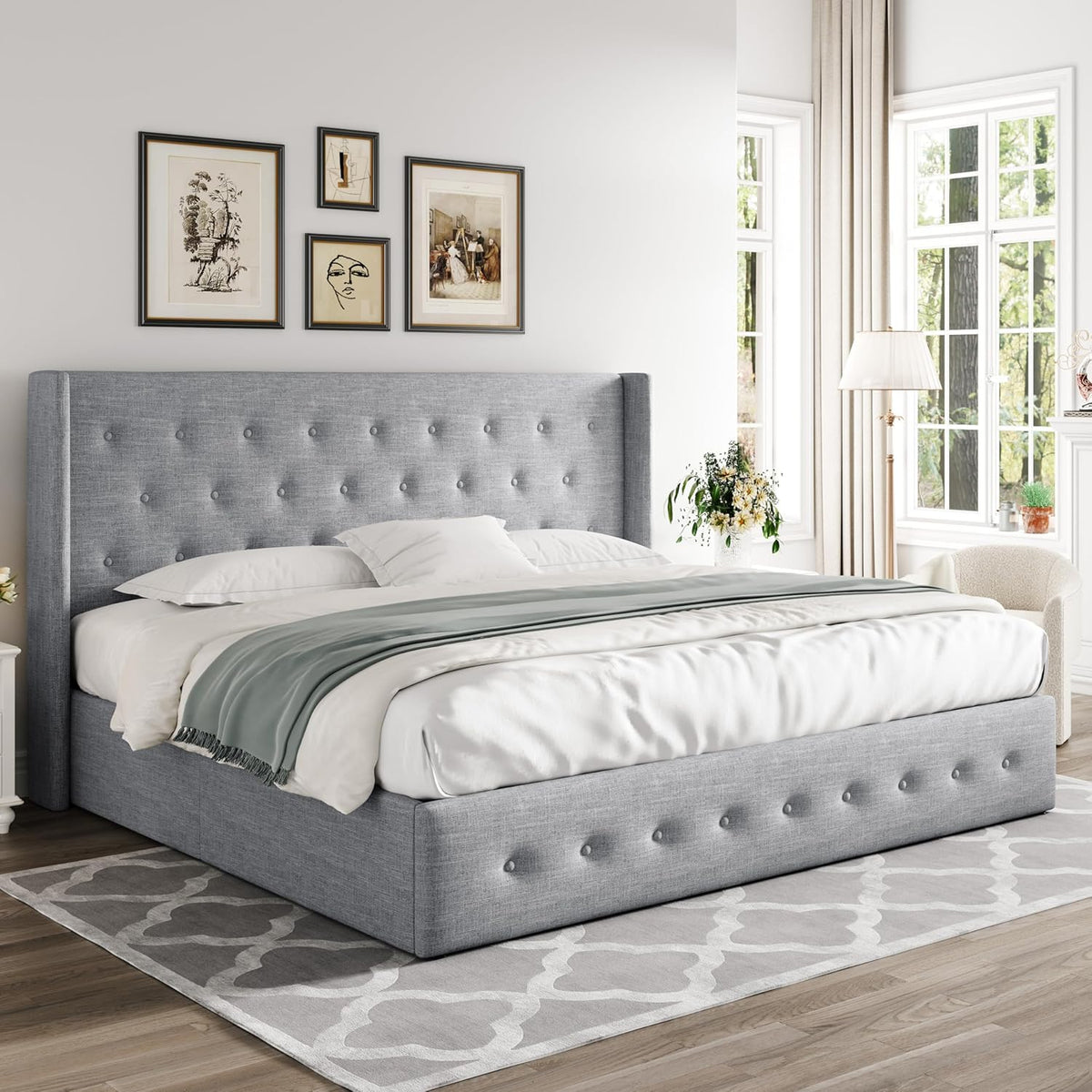 Queen Size Lift-Up Storage Bed With Wingback Headboard, Upholstered Platform Bed Frame With Hidden Storage