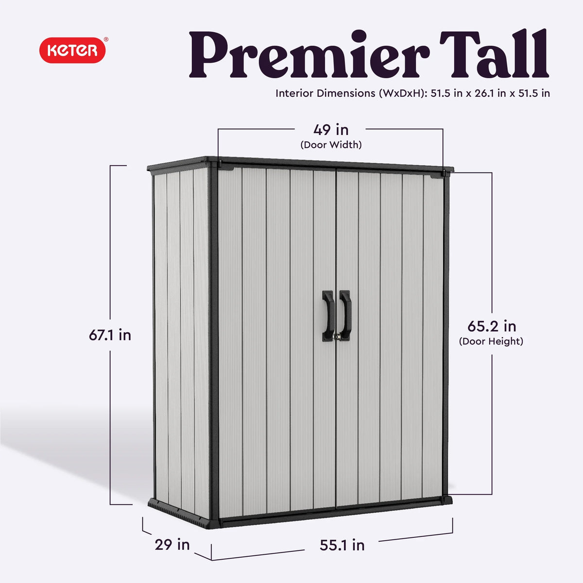 Keter Resin Outdoor Storage Shed With Floor And Locking Double Doors, Grey, 55.1 in L x 29 in W x 67.1 in H - Premier Tall