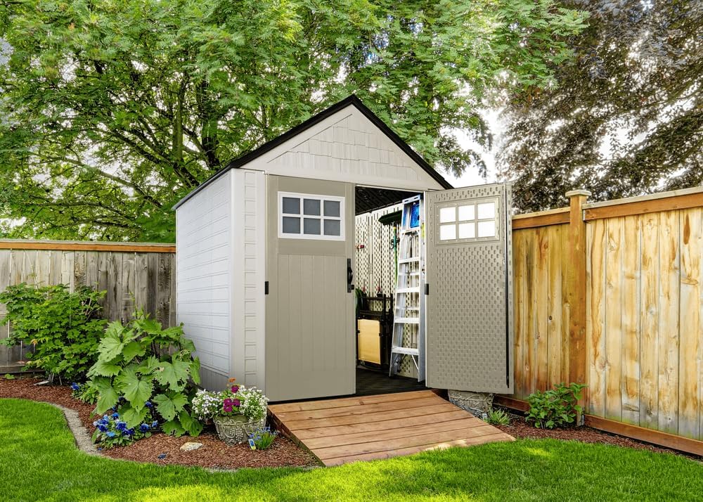 Rubbermaid Resin Outdoor Storage Shed With Floor, 7x7 ft, Gray