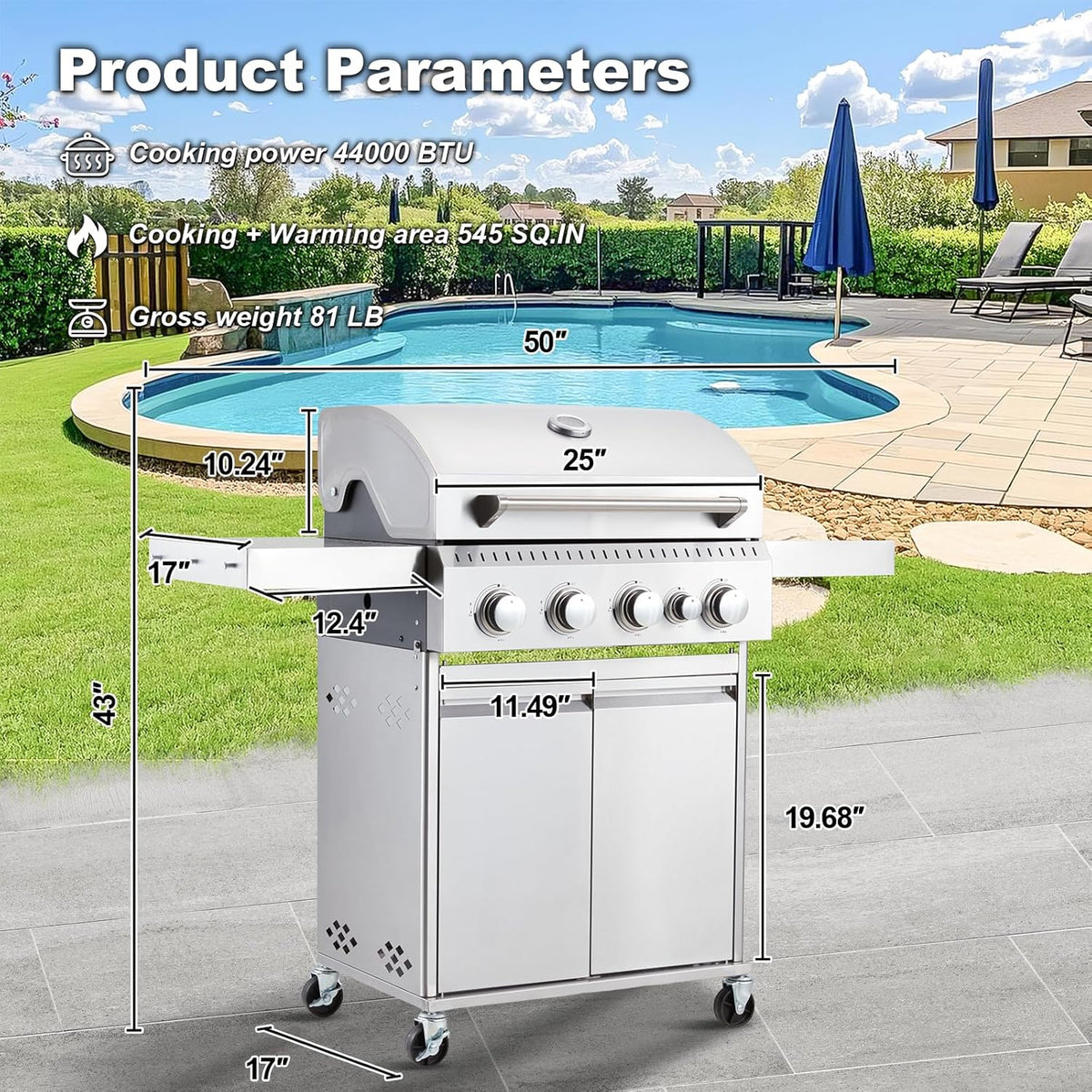 MELLCOM 4 Burner Propane Gas Grill With Cast Iron Grates And Side Stove, 44,000 BTU, Black - BBQ-4+1