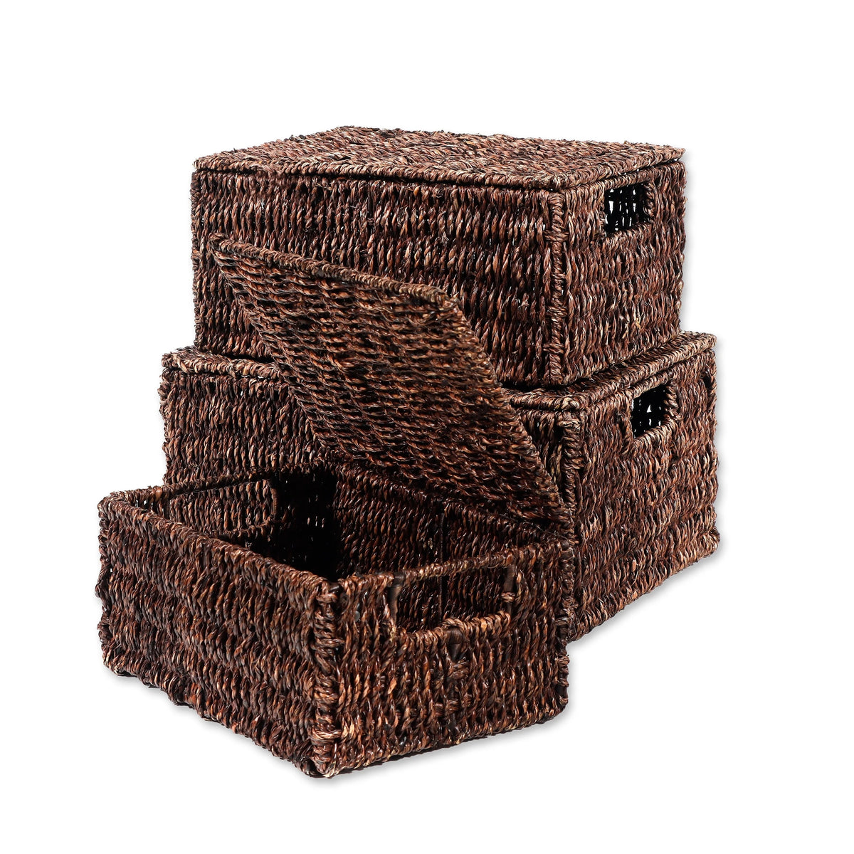 Set Of 3 Small Rectangular Seagrass Storage Baskets With Lids - Natural Beige