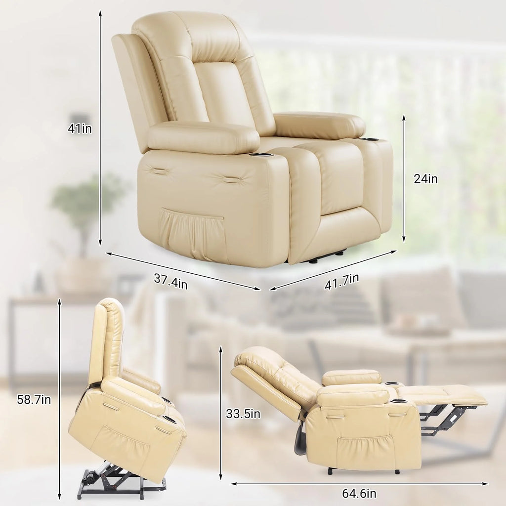 Power Lift Recliner Chair With Massage And Heat, Beige, 27 Seat Width, Cup Holders - SX-RQ-SF