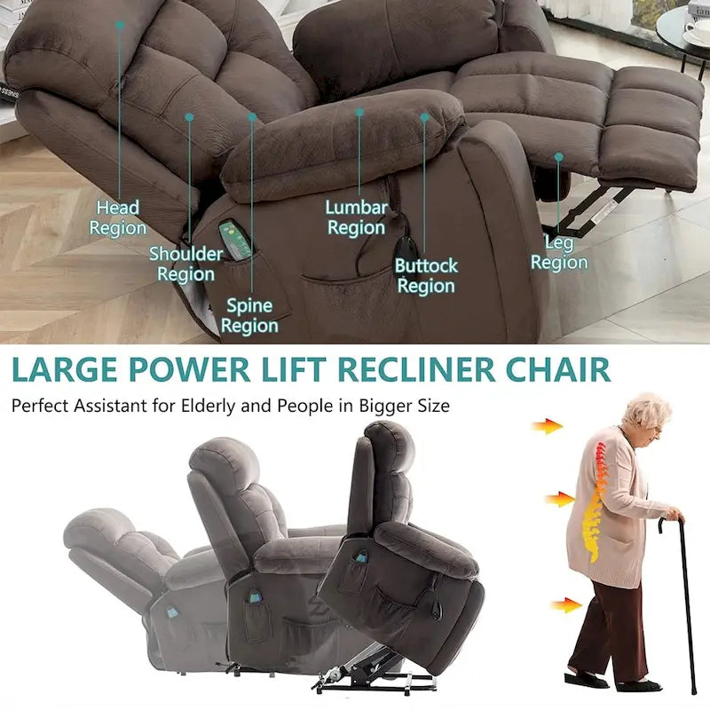 Large Electric Power Lift Recliner With Heat, Massage, Hidden Cup Holder - 40.94W x 38.19D x 42.52H