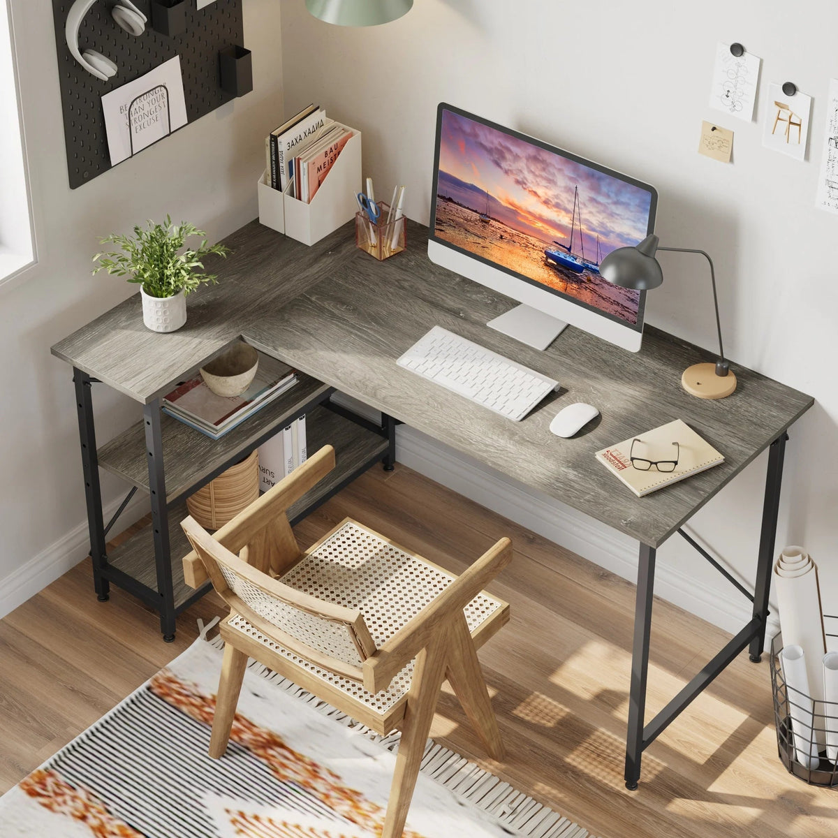 Small L-Shaped Computer Desk With Reversible Storage Shelves - 55-Inch / 47-Inch
