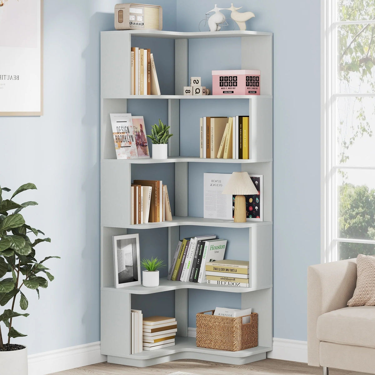 6-Tier Corner Bookshelf, 64.9 Inch Tall, Freestanding Wood Industrial Bookcase