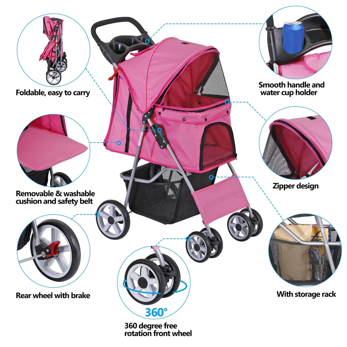 ZENSTYLE 4-Wheel Foldable Pet Stroller Carrier Cart With Storage Basket - 35 LBs