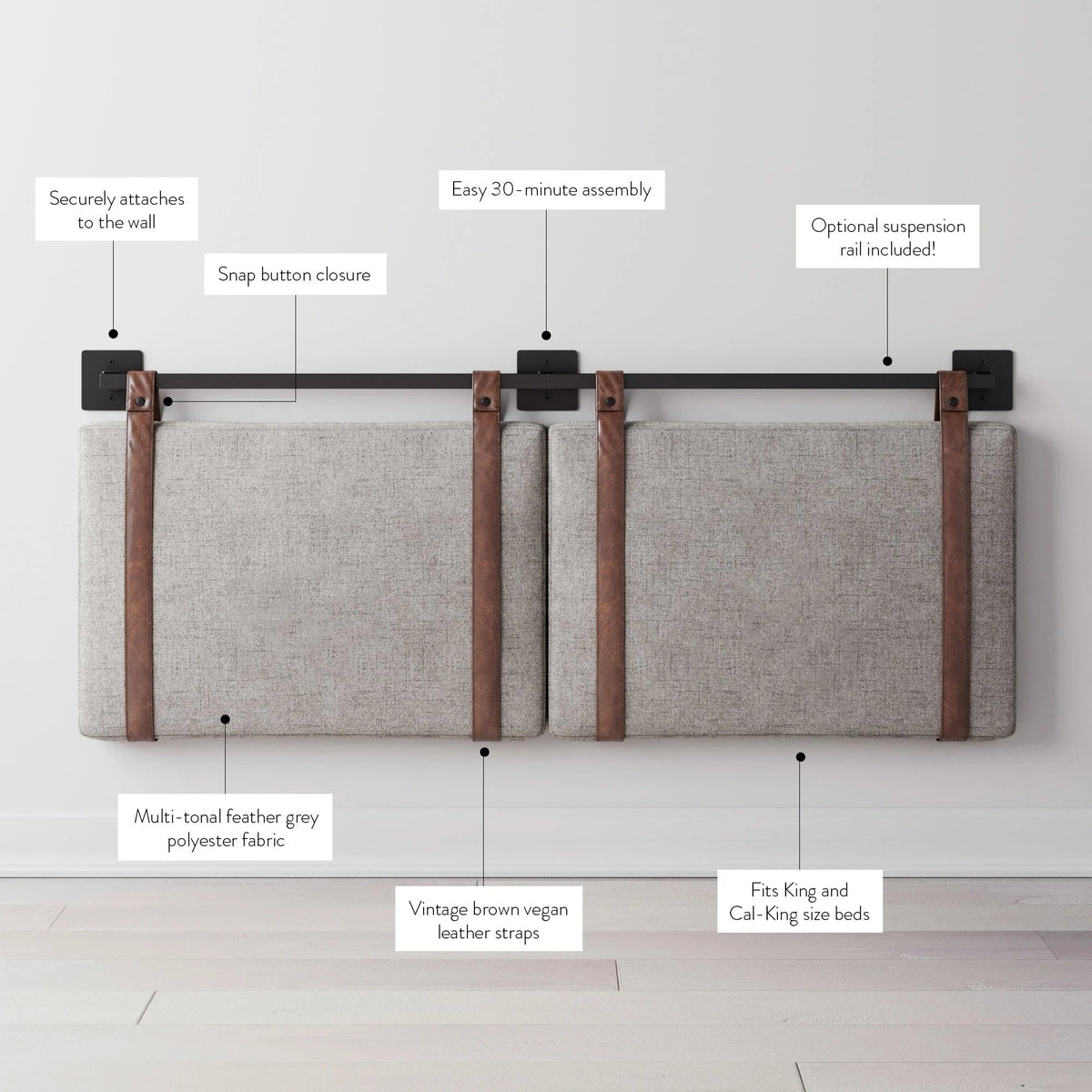 Wall-Mount Upholstered Headboard With Metal Rail - Twin, Queen & King