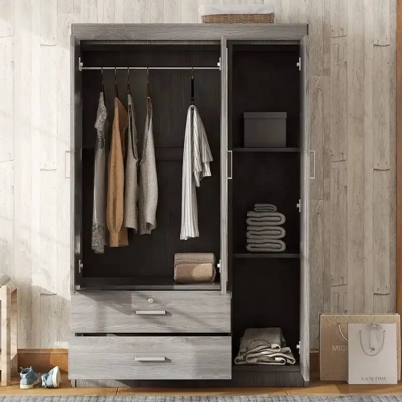 3-Door Mirror Wardrobe With Shelves And 2 Drawers - White Or Gray