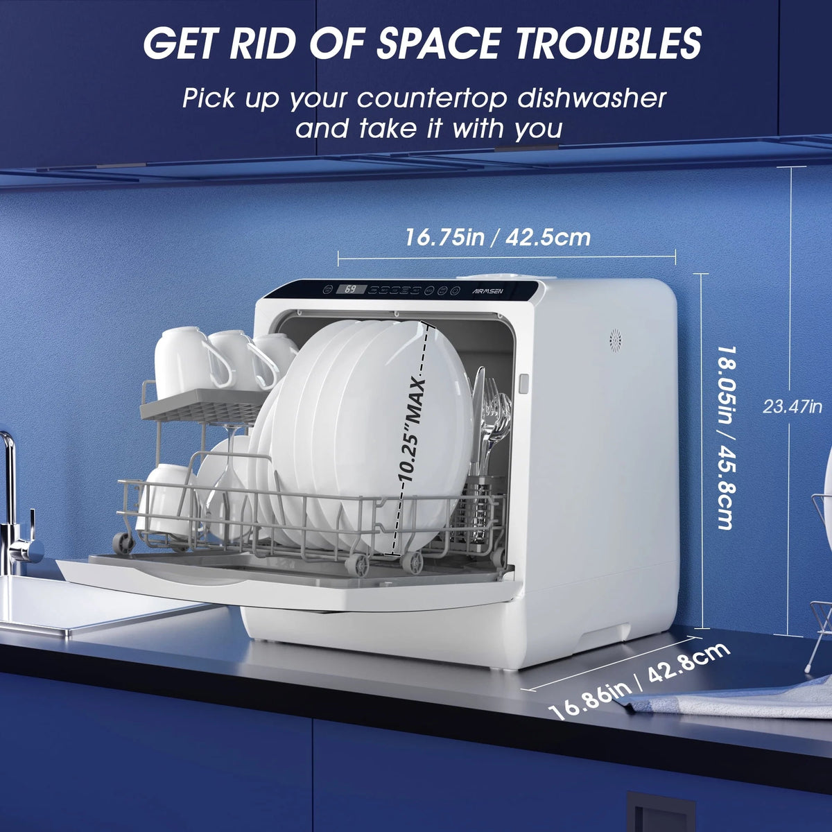 AIRMSEN Portable Countertop Dishwasher With 5L Built-In Water Tank And 5 Washing Programs - AE-TDQR03
