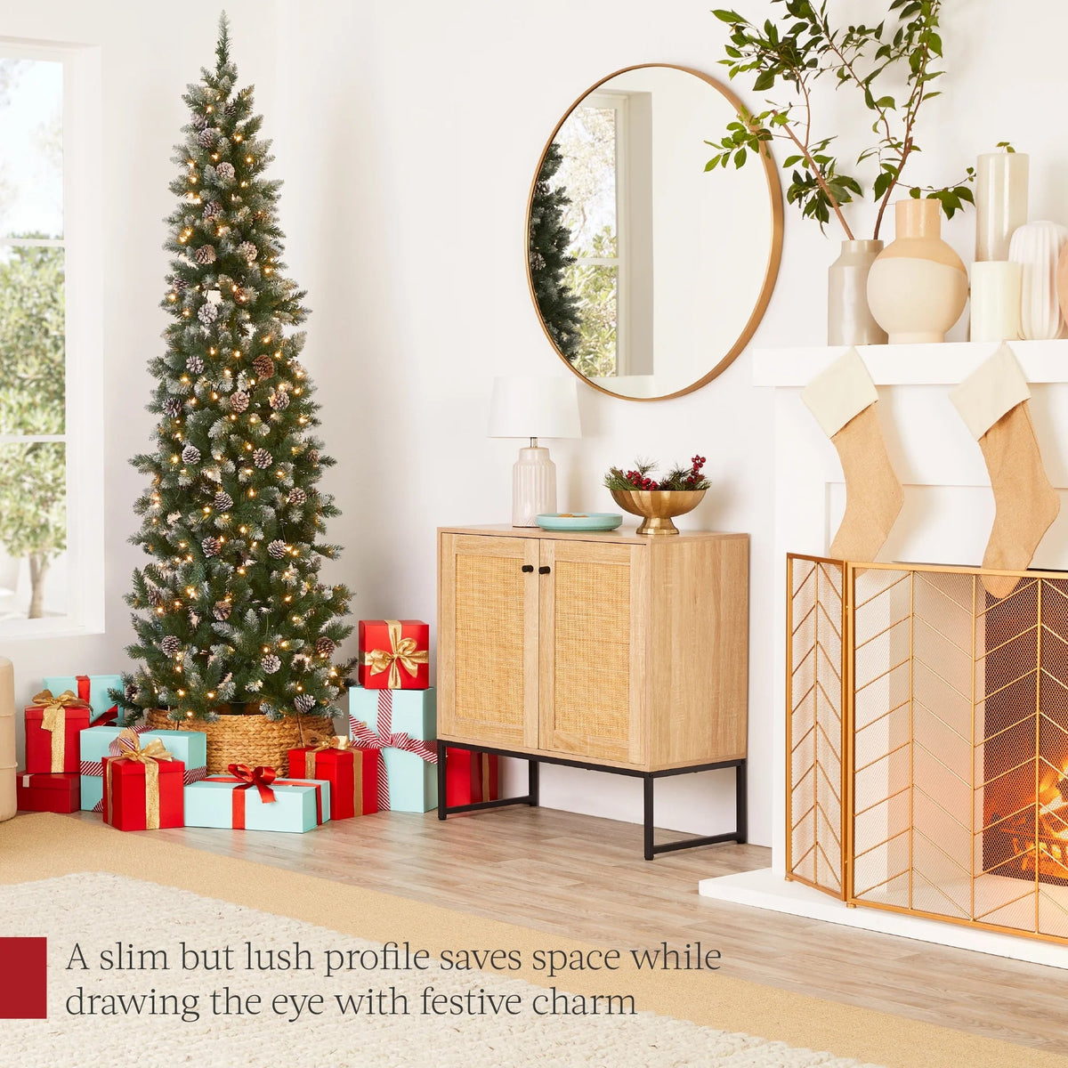 Best Choice Products 6ft Pre-Lit Partially Flocked Pencil Christmas Tree With 250 Lights And Pine Cones