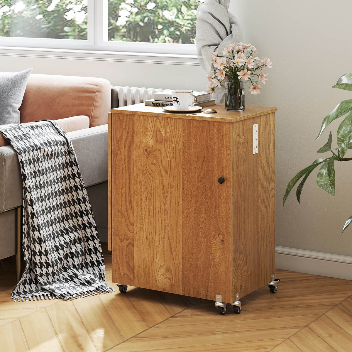 Costway Folding Sewing Table With 3 Storage Bins And Charging Station, Natural