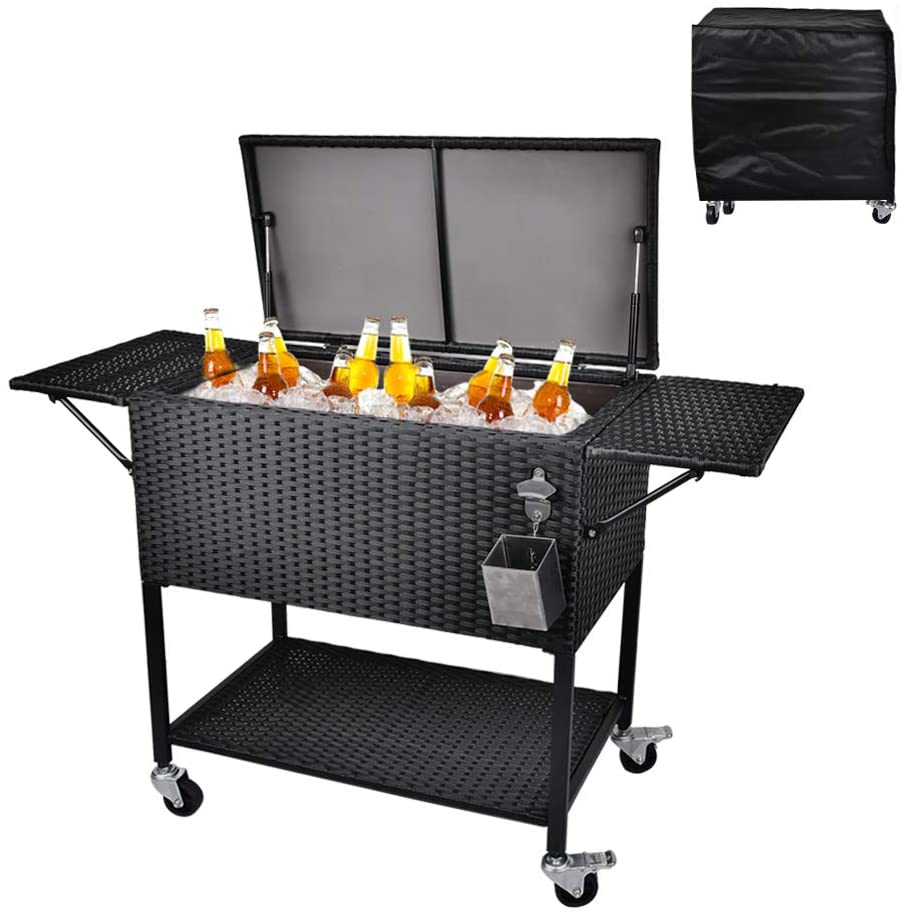 Rattan Rolling Cooler Cart, 80 Quart / 20 Gallon