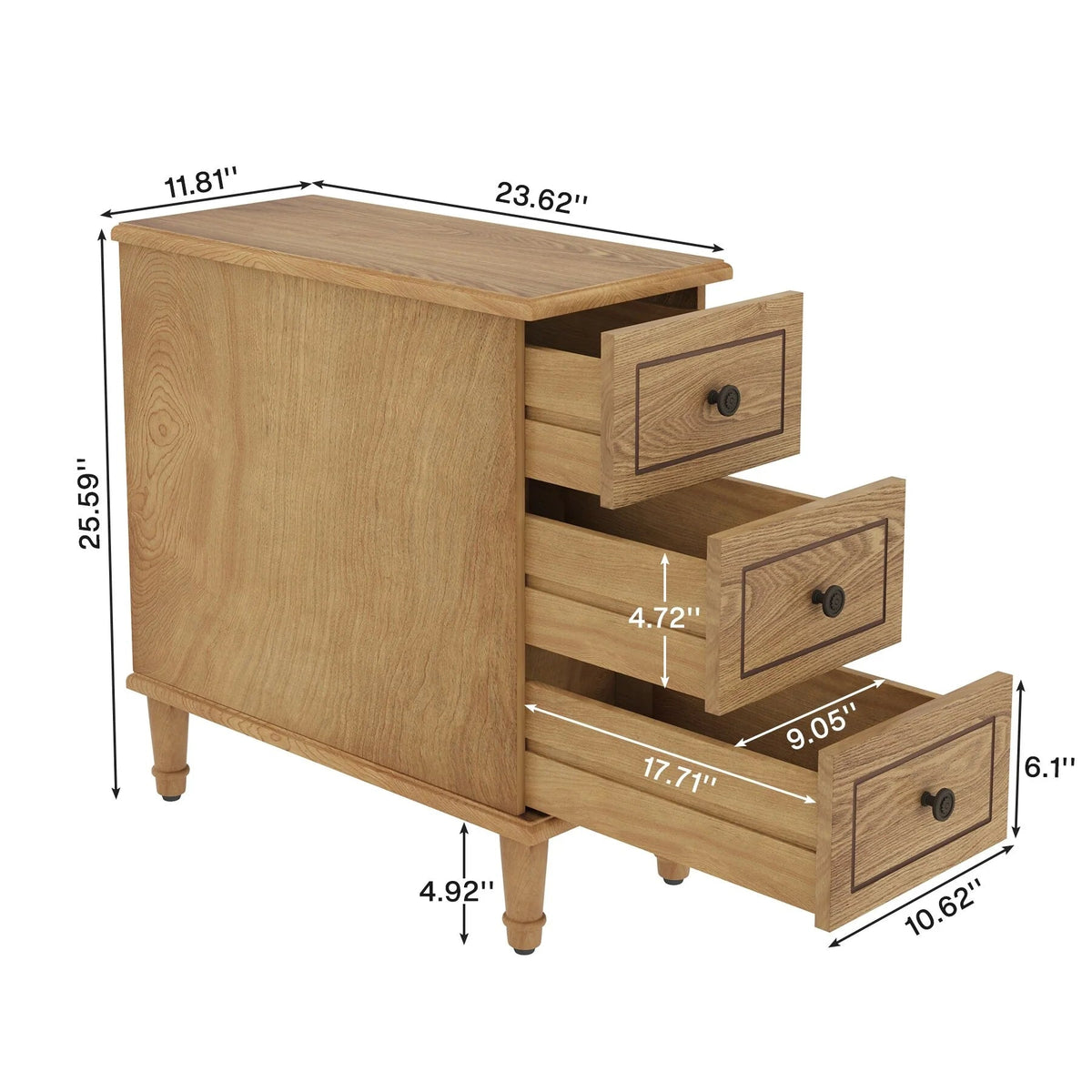 Solid Wood Narrow End Table With 3 Drawers - Fully Assembled