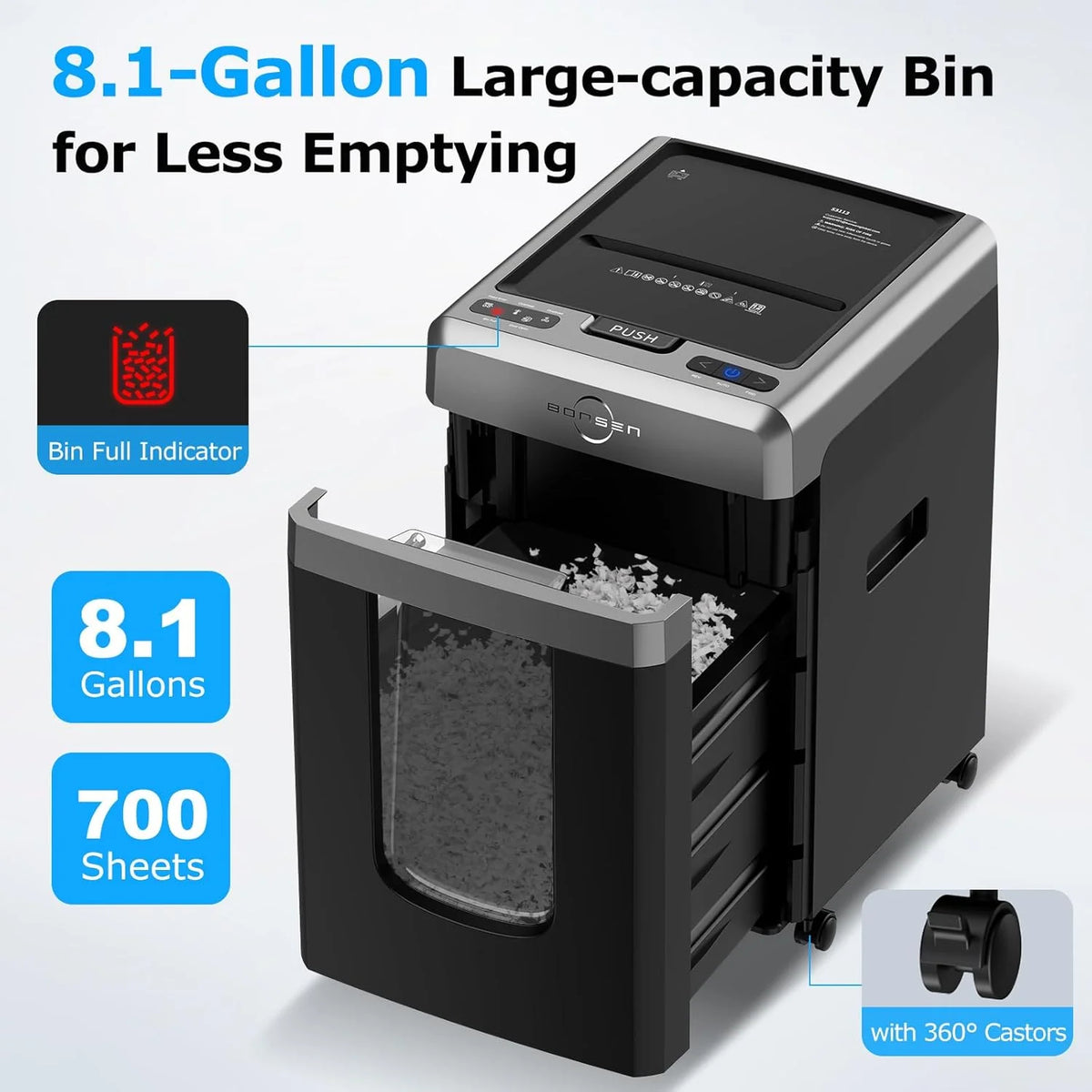 BONSEN Auto Feed Micro-Cut Paper Shredder, 300-Sheet, 60 Min, P-4, 8.1 Gal - Black