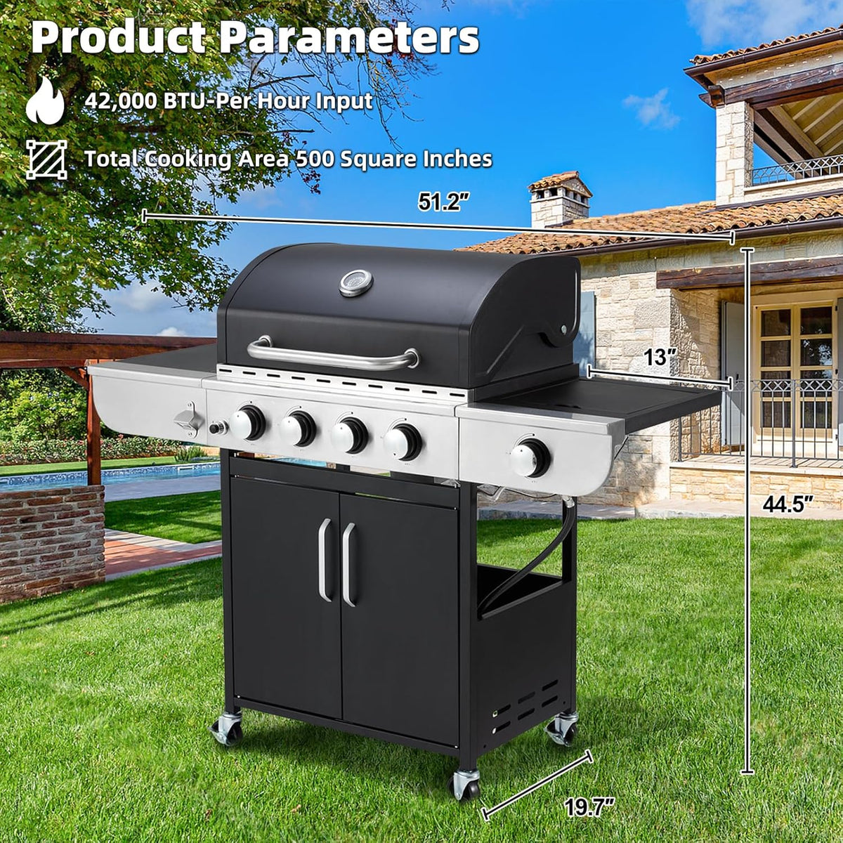 MELLCOM 4 Burner Propane Gas Grill With Cast Iron Grates And Side Stove, 44,000 BTU, Black - BBQ-4+1