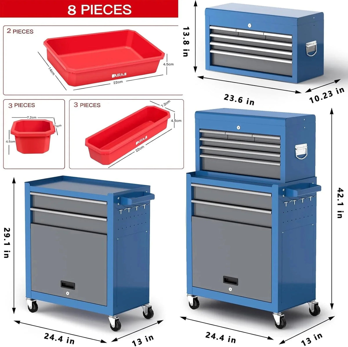 AIRAJ 8-Drawer Rolling Tool Chest With Wheels, Cold-Rolled Steel, 550 lbs Capacity