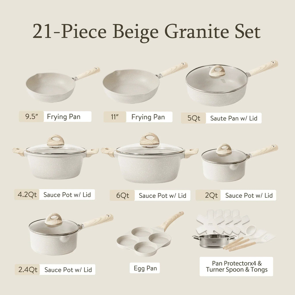 Nonstick Granite Kitchen Cookware Set, 21-Piece, Beige, Induction