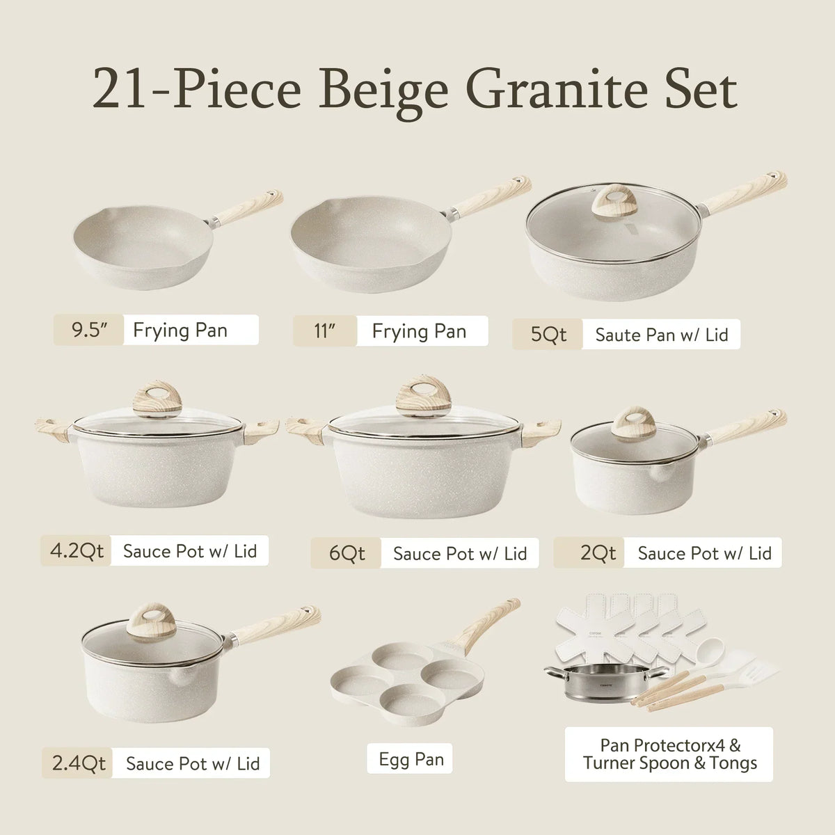 Nonstick Granite Kitchen Cookware Set, 21-Piece, Beige, Induction