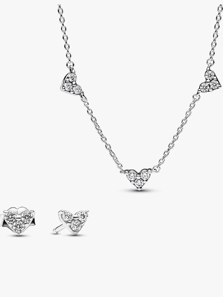 Triple Stone Heart Station Necklace and Earring Set