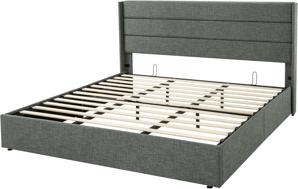 Queen Size Lift-Up Storage Bed With Wingback Headboard, Upholstered Platform Bed Frame With Hidden Storage