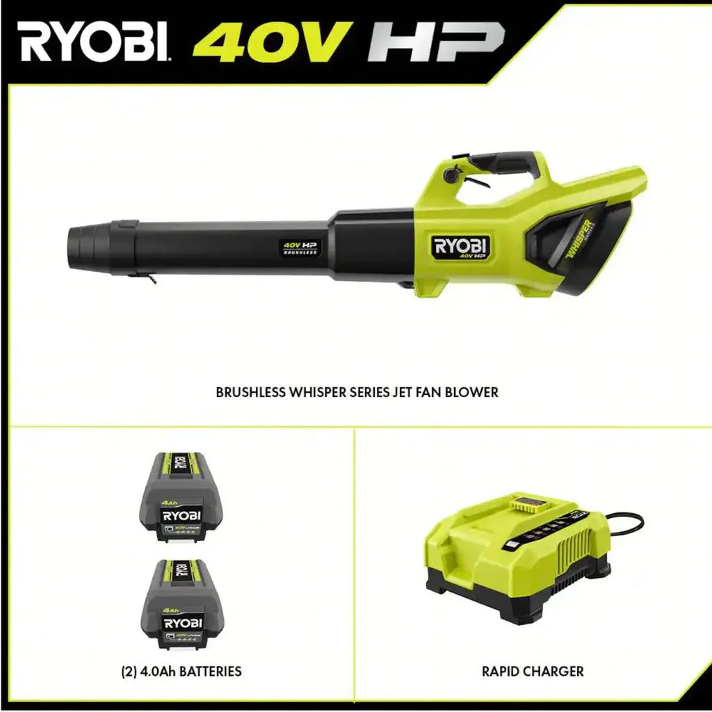 Ryobi 40V HP Brushless Whisper Series Cordless Jet Fan Leaf Blower, 190 MPH 730 CFM, 2 4.0 Ah Batteries And Charger