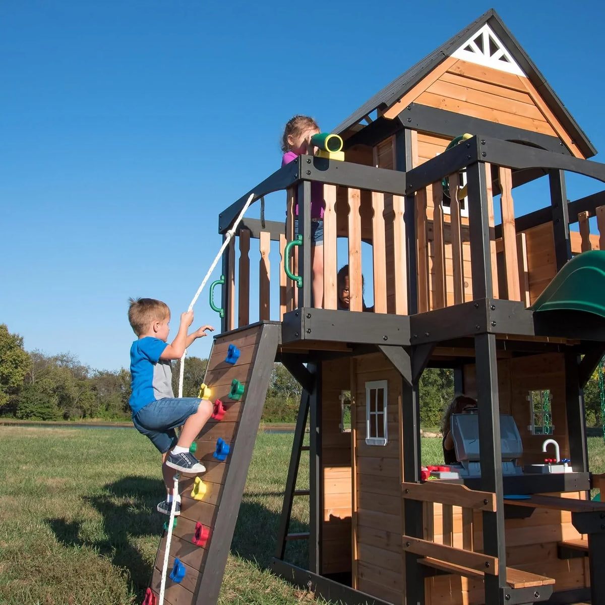 Backyard Discovery Cedar Wood Swing Set With Wave Slide, Clubhouse, Play Kitchen, Belt And Web Swings - Canyon Creek