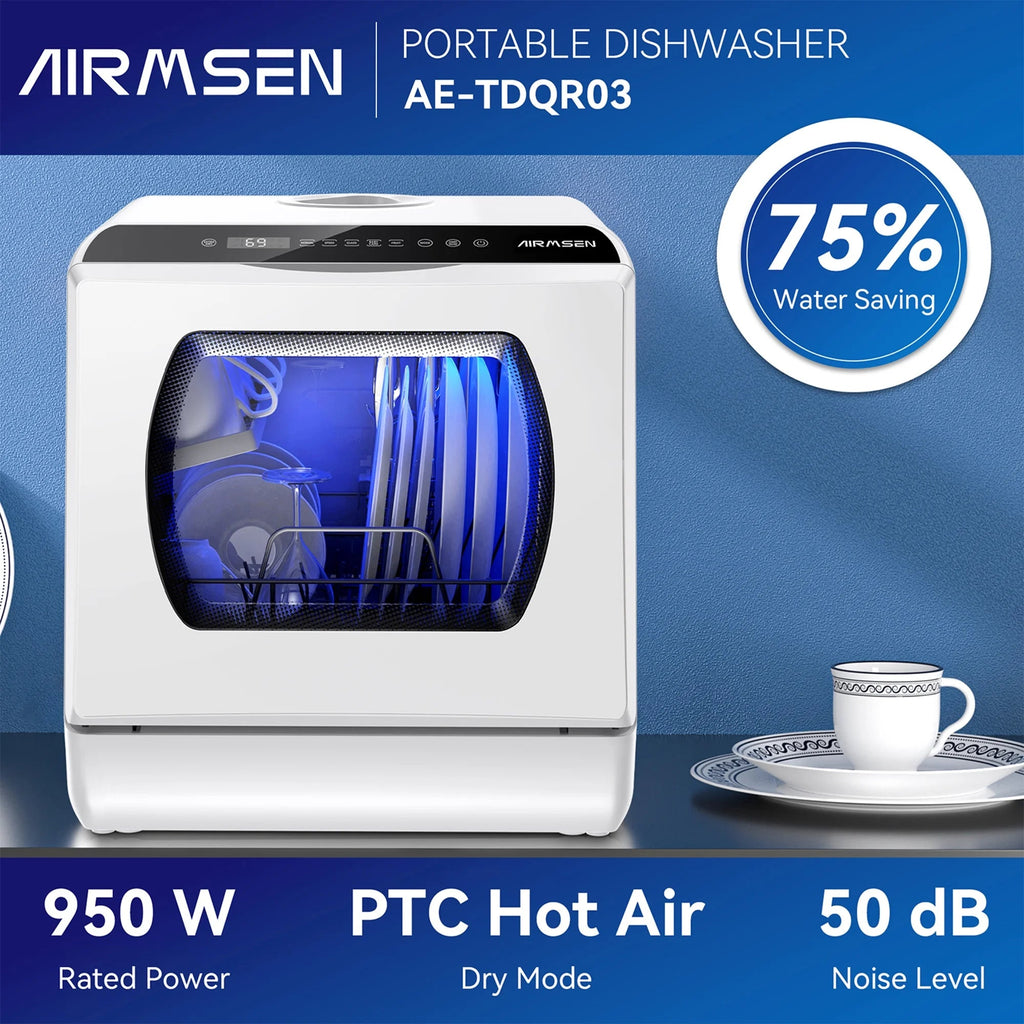 AIRMSEN Portable Countertop Dishwasher With 5L Built-In Water Tank And 5 Washing Programs - AE-TDQR03