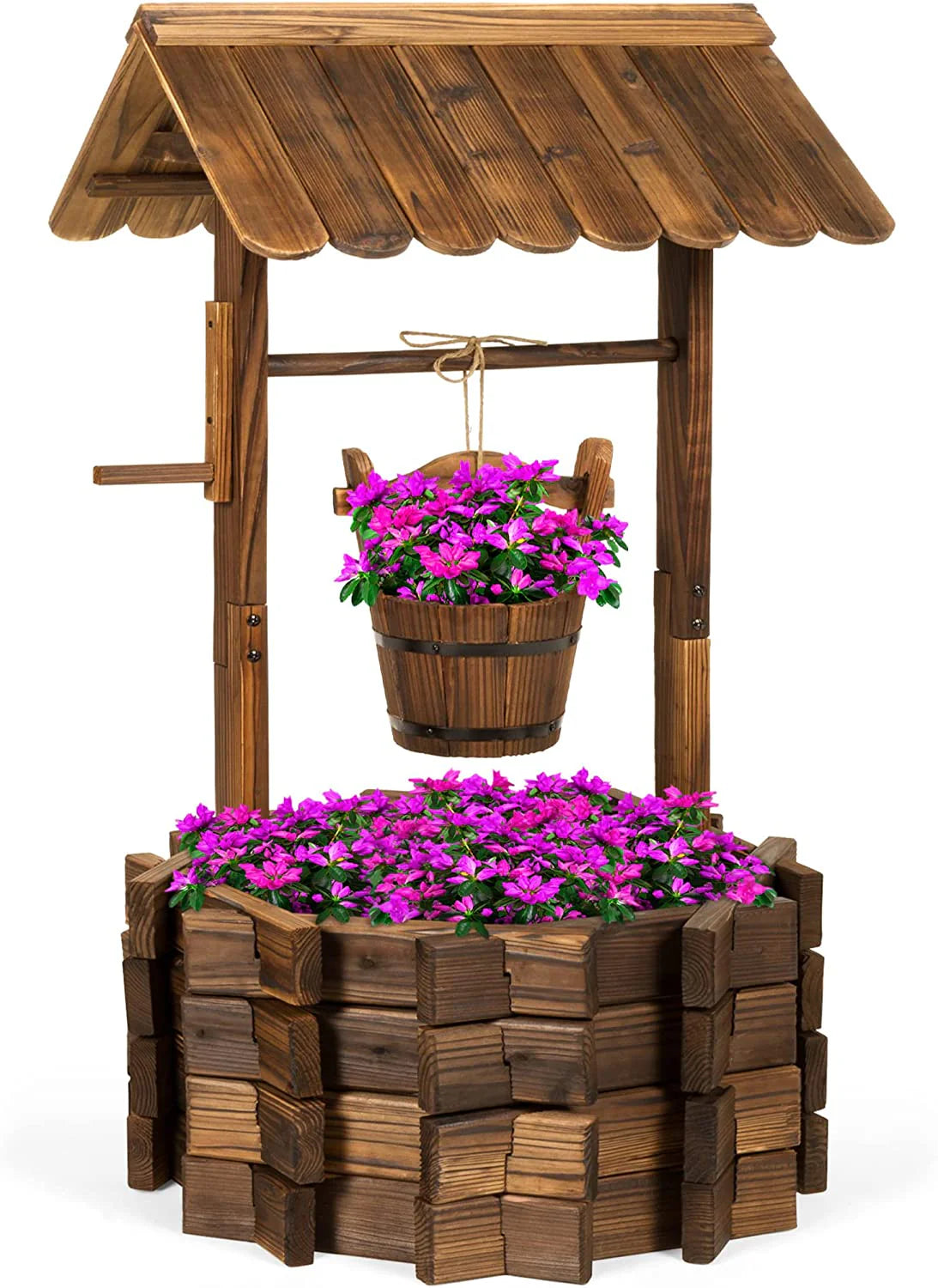 Best Choice Products Rustic Wooden Wishing Well Planter With Hanging Bucket - 21.5 x 21.5 x 45.5 in