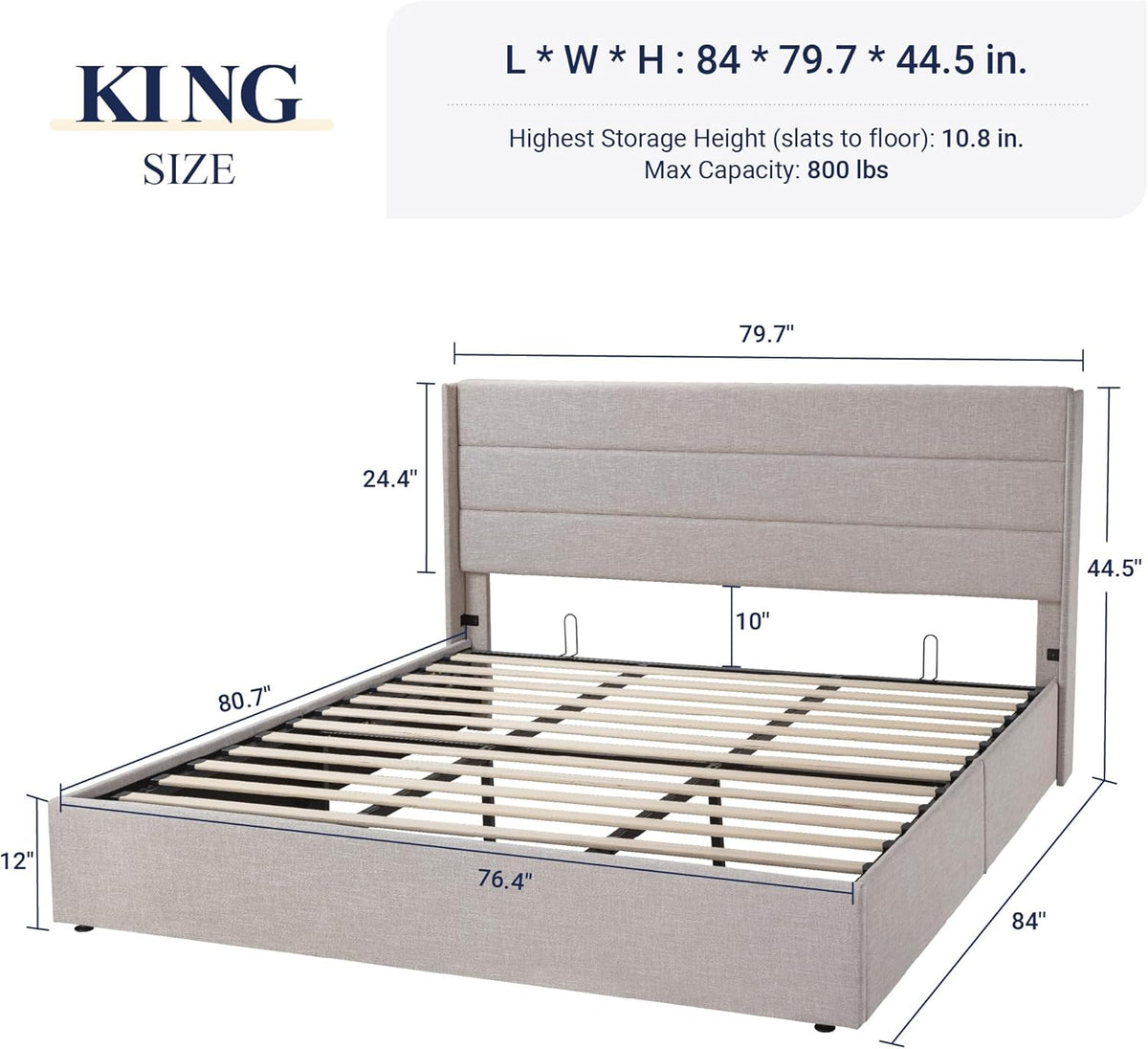 Queen Size Lift-Up Storage Bed With Wingback Headboard, Upholstered Platform Bed Frame With Hidden Storage