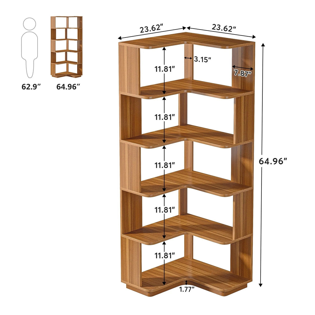 6-Tier Corner Bookshelf, 64.9 Inch Tall, Freestanding Wood Industrial Bookcase