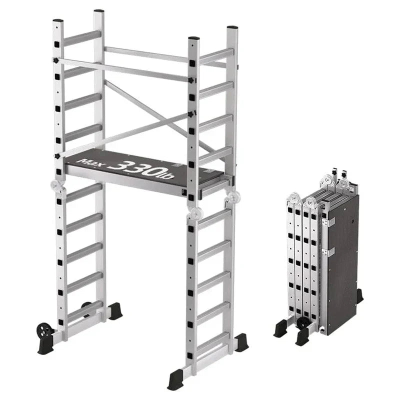 Aluminum Folding Scaffolding Ladder With Wheels, 60in W x 116in H, 8 Steps, 330 lbs - APJC-PSL168