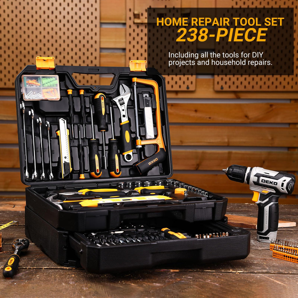 Home Mechanic Tool Kit With Toolbox, 12V Cordless Drill And 238 Pieces
