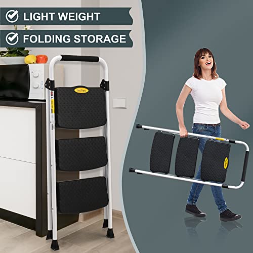 SocTone 3 Step Folding Step Ladder With Handle - 500 lb Capacity
