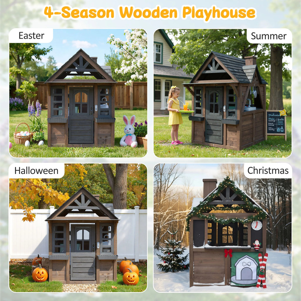 COCLUB Wooden Outdoor Playhouse With Doorbell, Phone And Kitchen Toys, 45in L x 43in W x 65in H