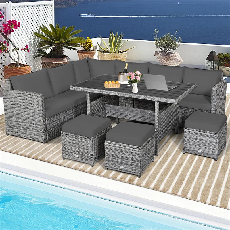 7-Piece Rattan Patio Dining Set With 3 Corner Chairs, 3 Ottomans And Table