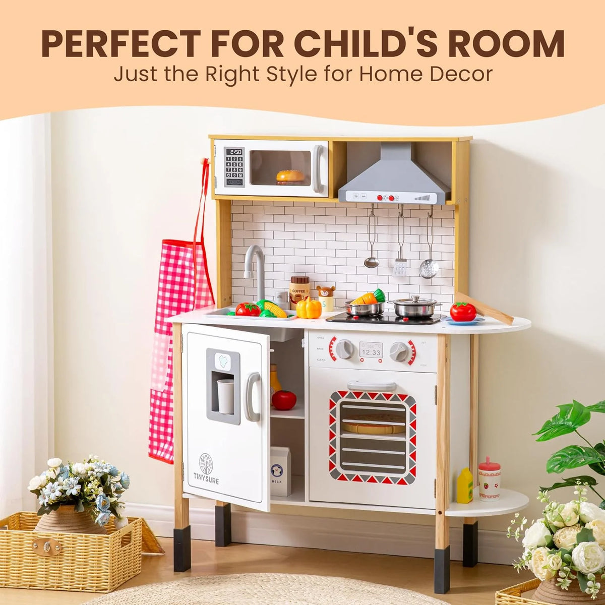 TINYSURE Kids' Wooden Play Kitchen With Lights, Sounds And Toy Food Set - B0CBQF1KCQ