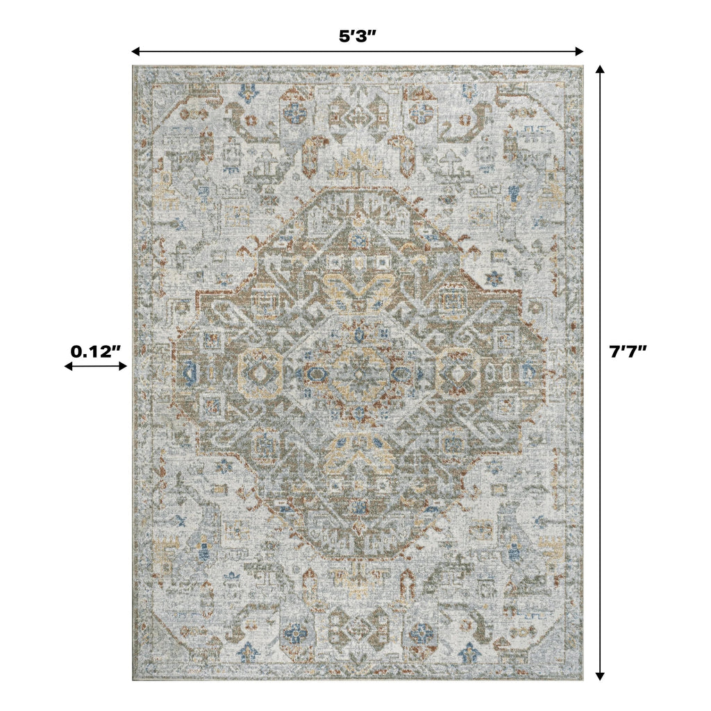 Bohemian Medallion Low-Pile Machine-Washable Area Rug, Cream And Terra