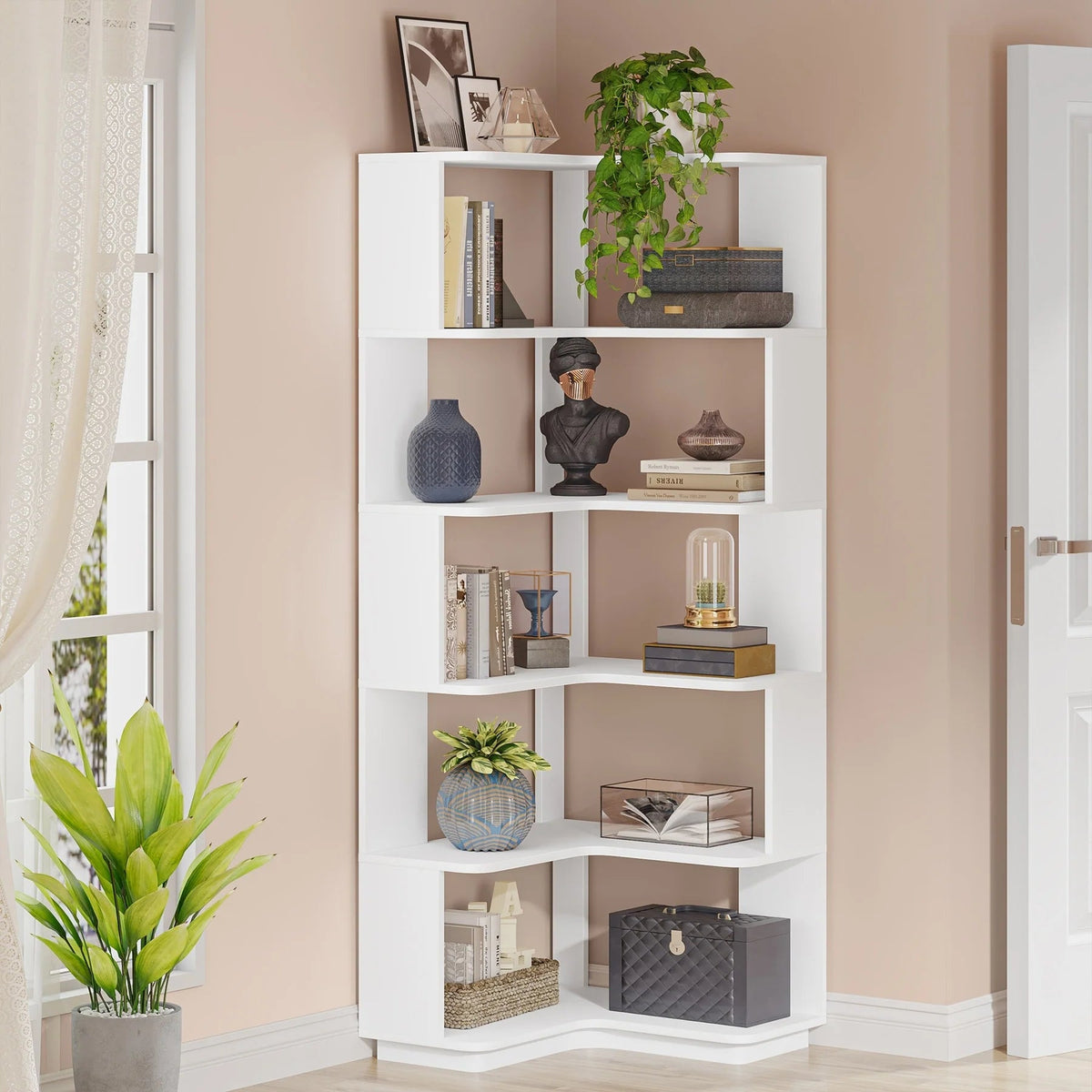 6-Tier Corner Bookshelf, 64.9 Inch Tall, Freestanding Wood Industrial Bookcase