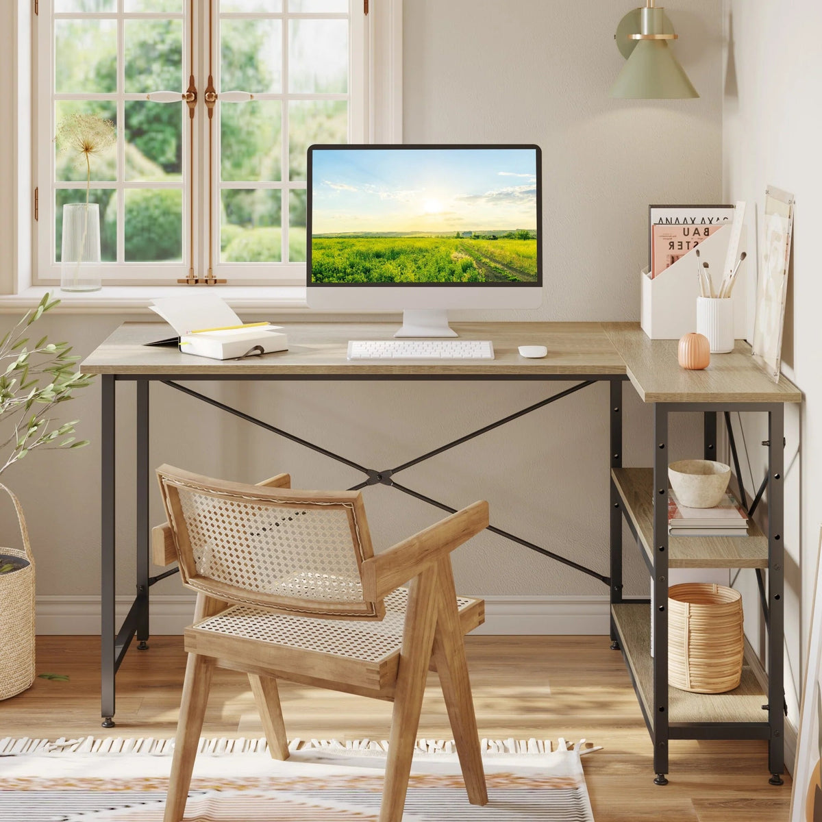 Small L-Shaped Computer Desk With Reversible Storage Shelves - 55-Inch / 47-Inch