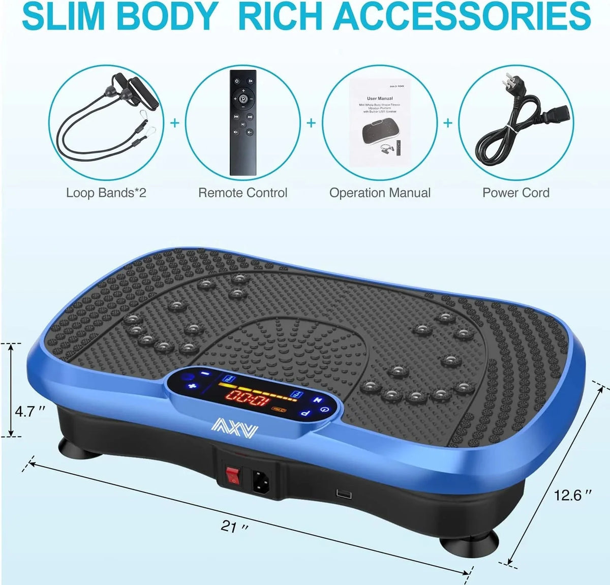 AXV Vibration Plate Fitness Platform, Gray, 2 Resistance Bands - Slim-Gray