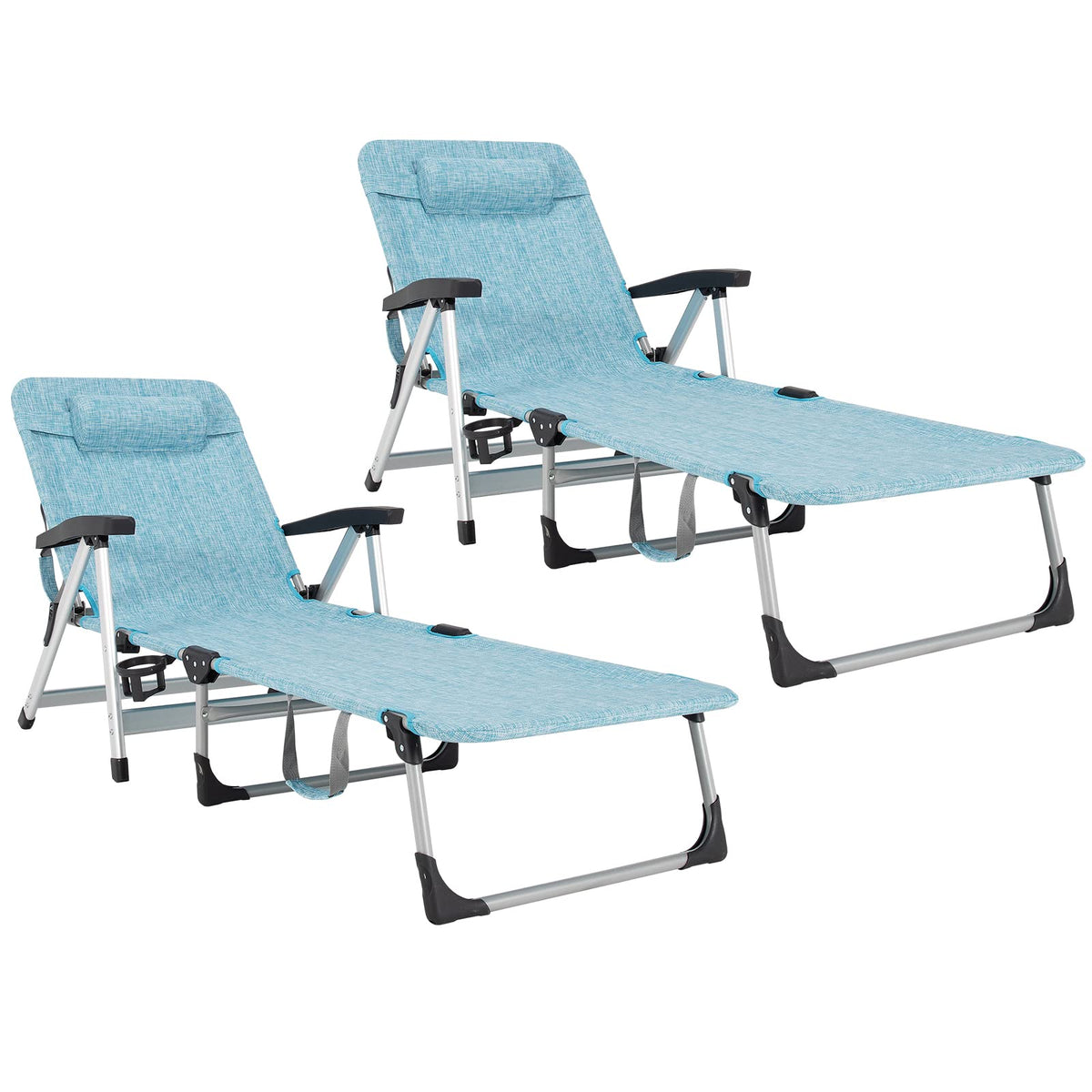 Folding Outdoor Chaise Lounge Chair With Cup Holder, Detachable Headrest, 330 lbs. Capacity - 53-75 in