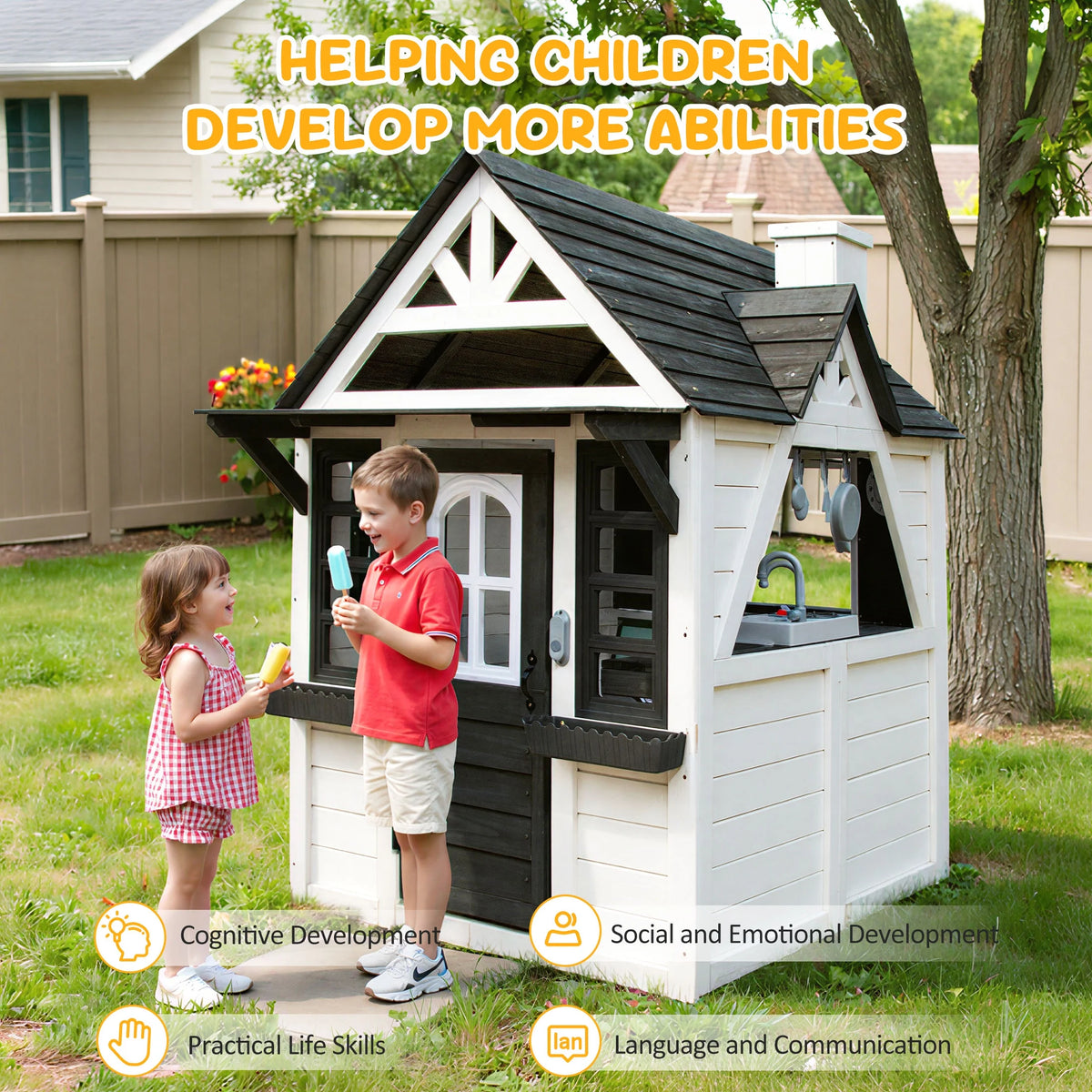 COCLUB Wooden Outdoor Playhouse With Doorbell, Phone And Kitchen Toys, 45in L x 43in W x 65in H