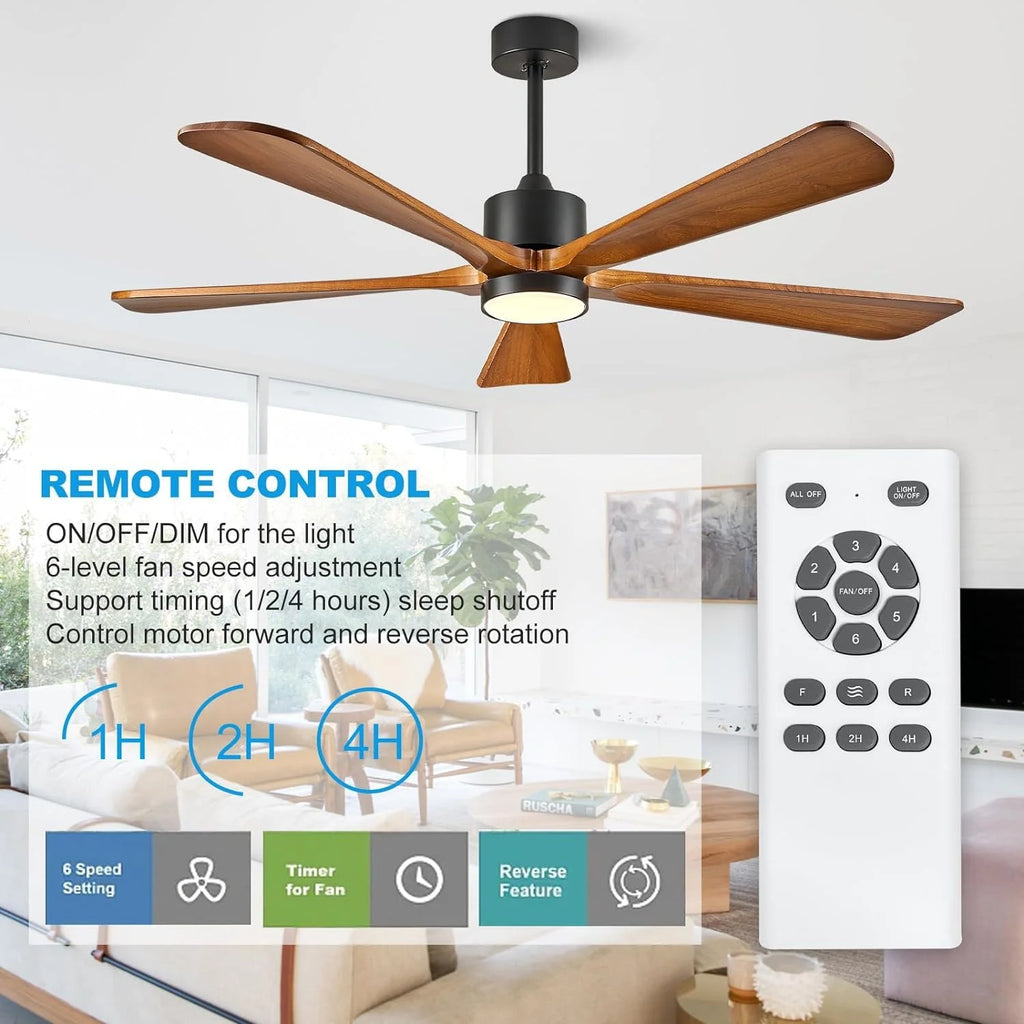 BOOSANT 60 inch Ceiling Fan With LED Light, 5 Solid Wood Blades, 6 Speeds, Deep Brown - 8727