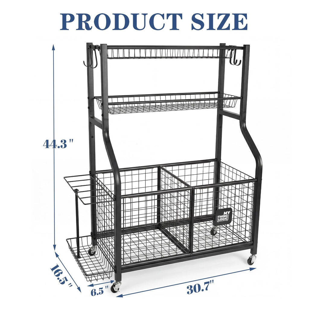 Garage Sports Equipment Storage Organizer, Steel, 36.2in x 16.5in x 44.3in - 2 Bins, 1 Basket, 1 Ball Rack