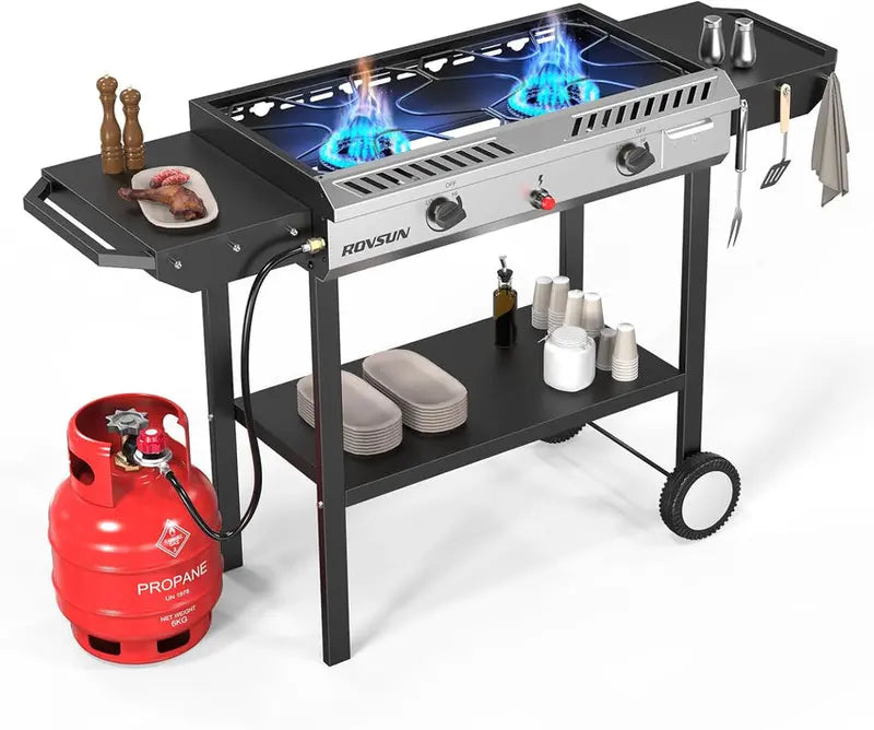 Dual-Burner Propane Outdoor Stove, 16.5 x 54.3 x 38 Inches, 150,000 BTU Griddle Cooker With Side Shelves - Auto-Ignition