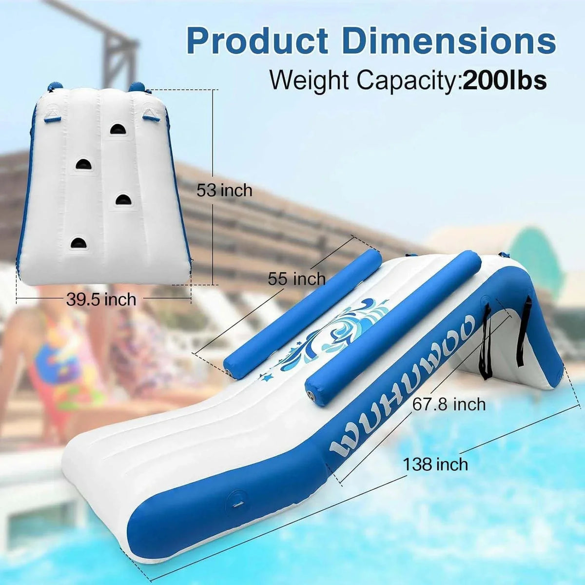 WUHUWOO Inflatable Pontoon Boat Water Slide, Blue - Electric Air Pump And Storage Bag