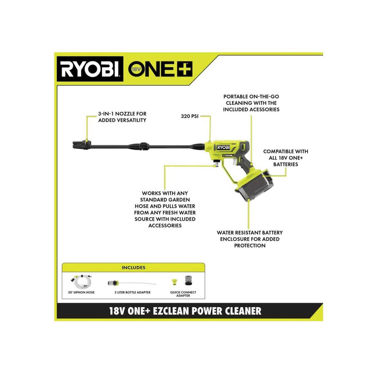 Ryobi ONE+ 18V EZClean Cordless Cold Water Power Cleaner, 320 PSI 0.8 GPM - RY120350