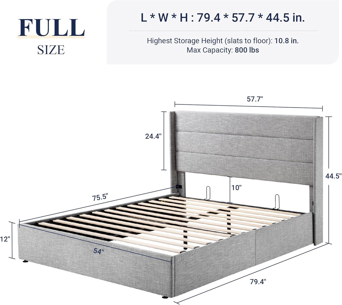 Queen Size Lift-Up Storage Bed With Wingback Headboard, Upholstered Platform Bed Frame With Hidden Storage