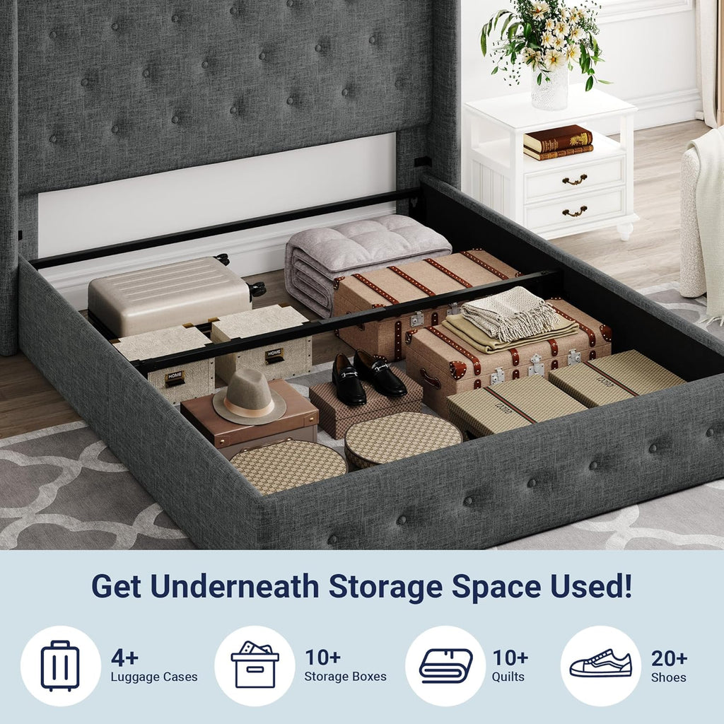Queen Size Lift-Up Storage Bed With Wingback Headboard, Upholstered Platform Bed Frame With Hidden Storage