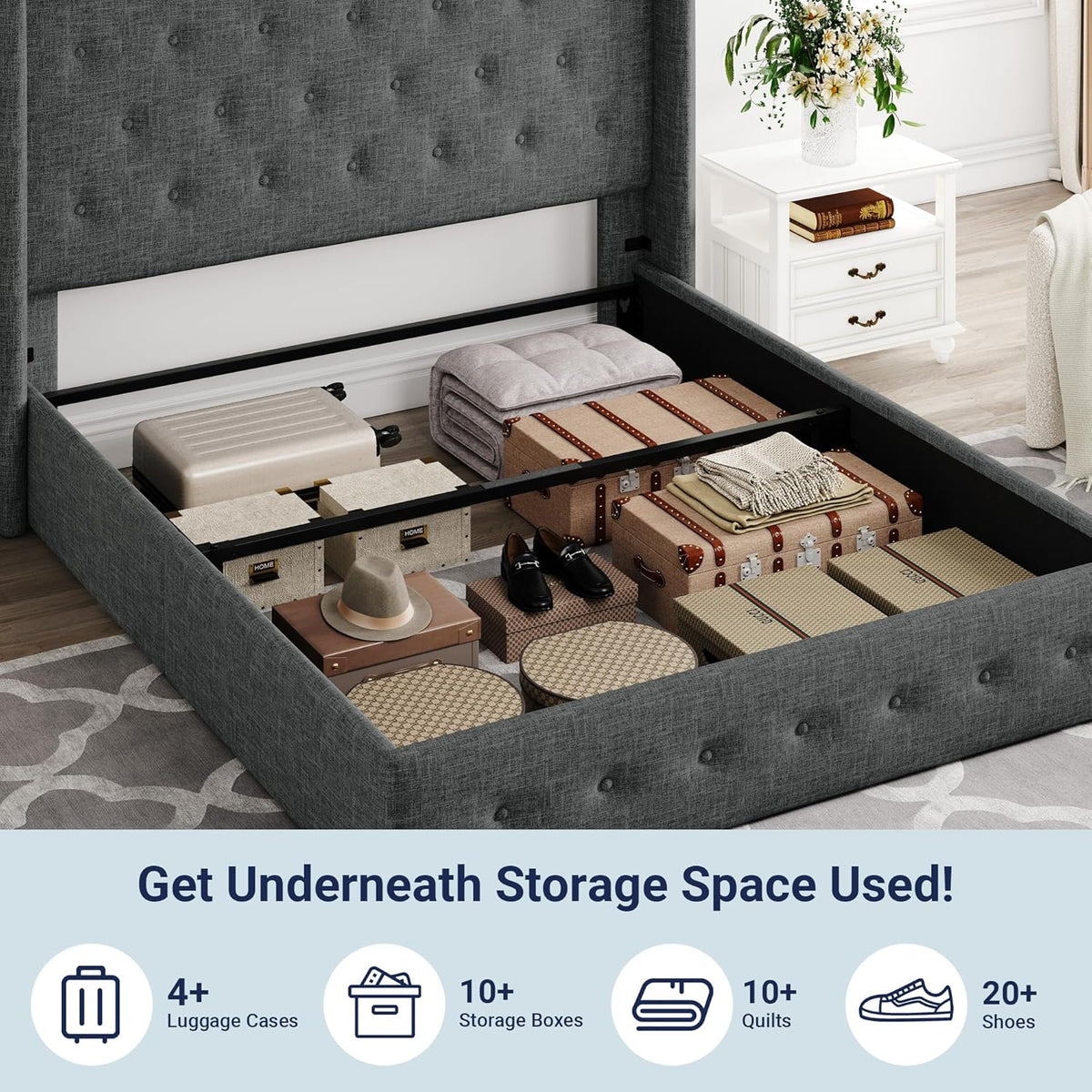 Queen Size Lift-Up Storage Bed With Wingback Headboard, Upholstered Platform Bed Frame With Hidden Storage